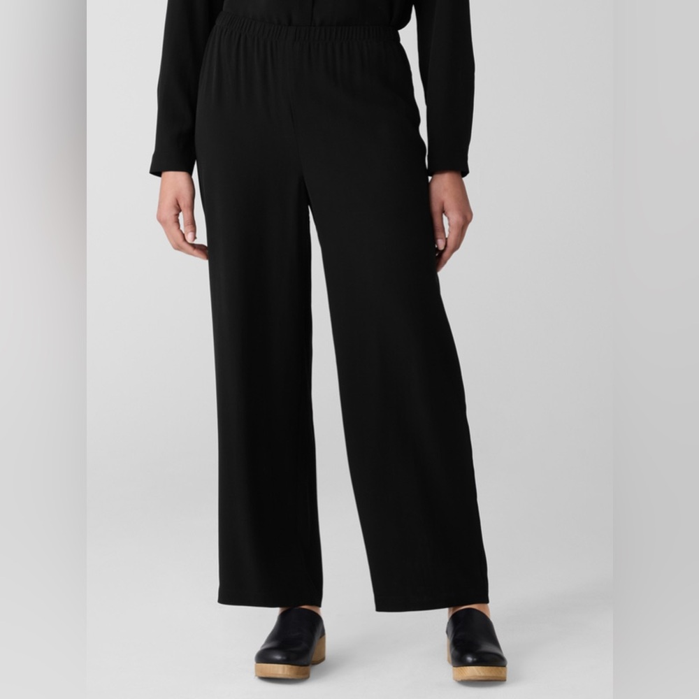 Eileen Fisher Silk Crepe Georgette Straight Leg Pant Easy Fit Black Petite Large